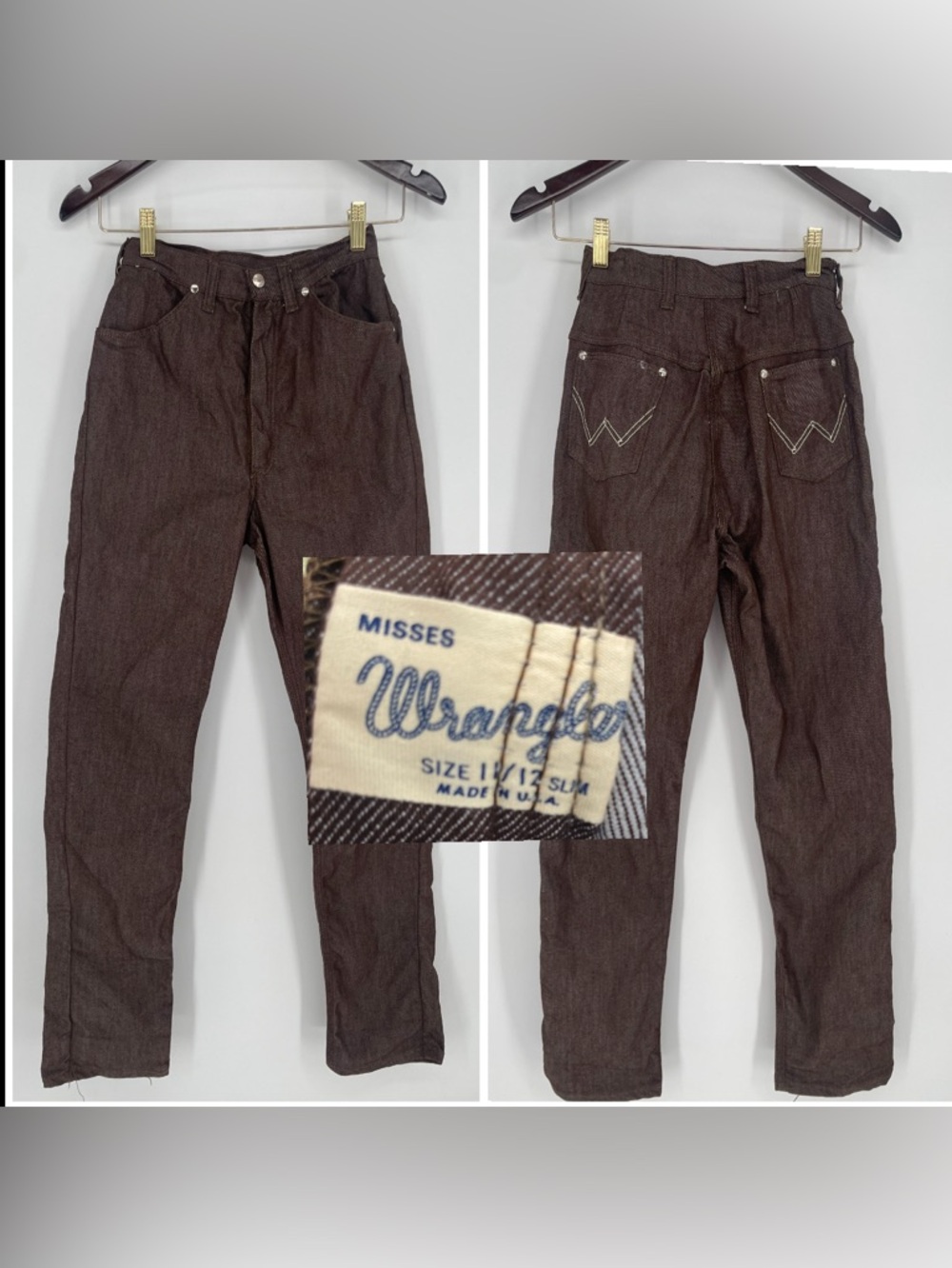 Vintage Wrangler Misses High Waisted Brown Denim Slim Straight Cut XS Jeans W24”
